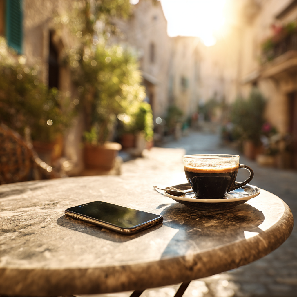 Smartphone on cafe table in Mediterranean Europe